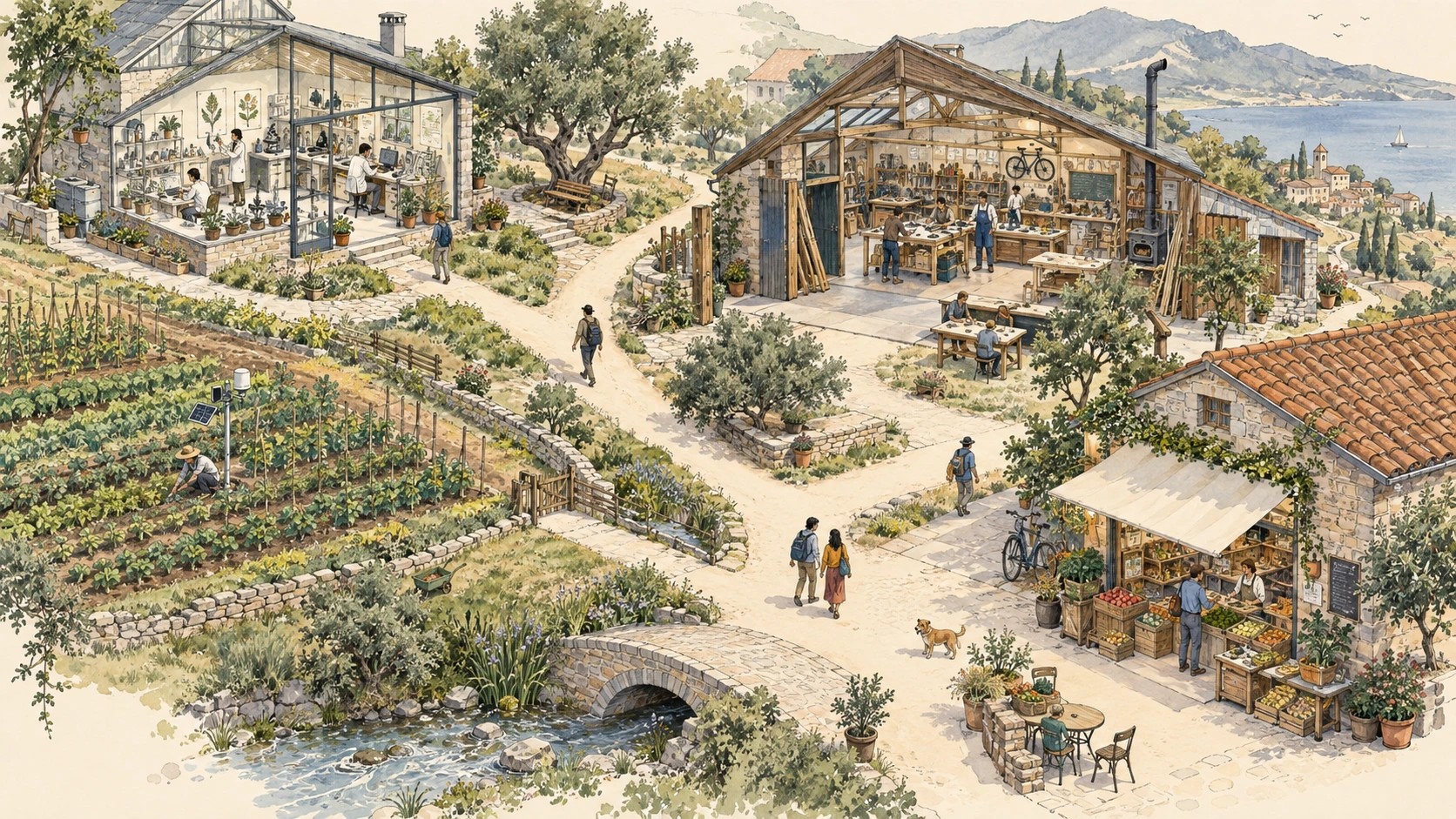 Imagined connected landscape with a laboratory, workshop, farm, and shop, illustrating knowledge held in different places