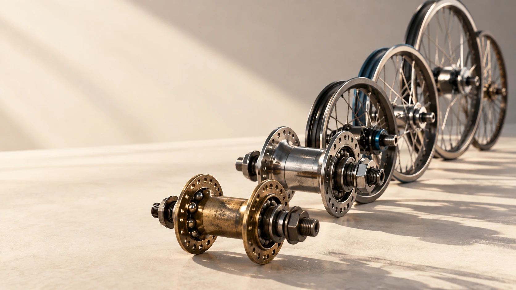 Carefully made mechanical hubs and workshop components in warm light.